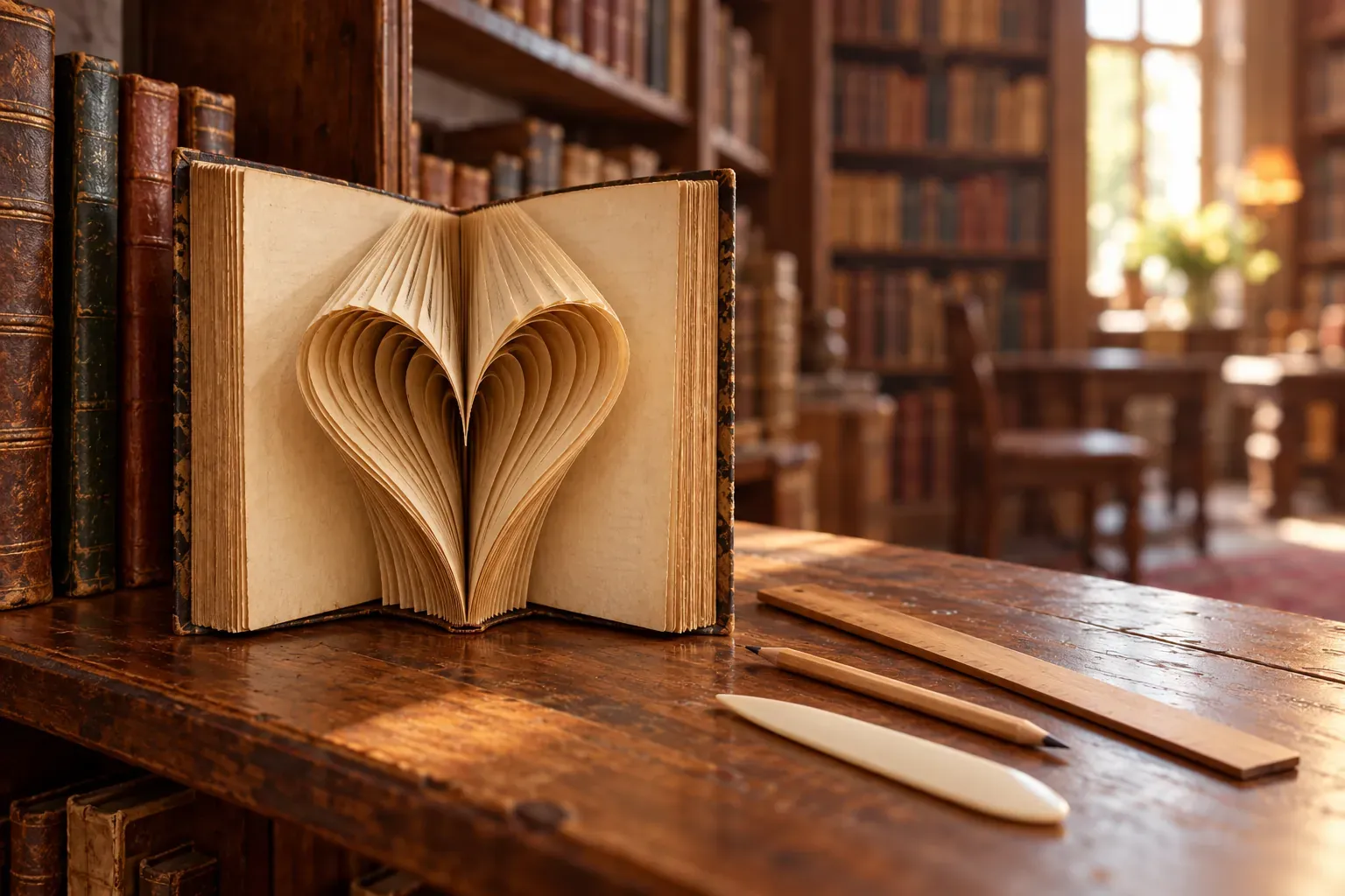 Livre ancien ouvert dont les pages pliées dessinent un cœur en relief, avec règle et crayon